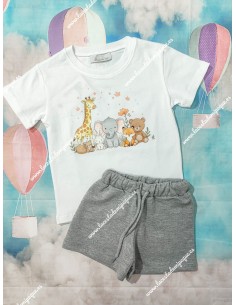Conjunto Bermuda Animales Blanco-Gris