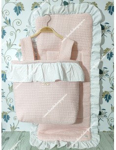 Bolso panera volante Cremallera y Funda Universal volante entero en waffle rosa y plumeti blanco