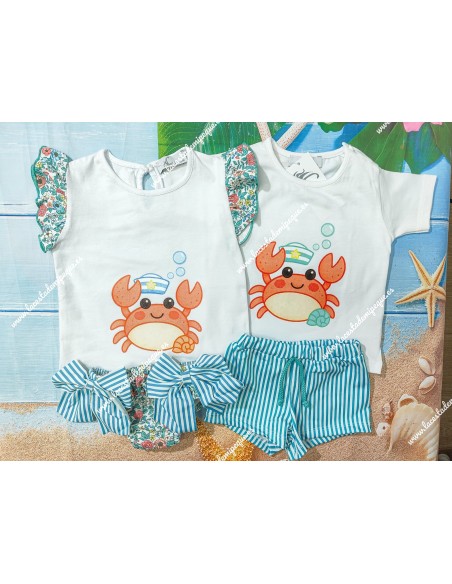 Conjunto Baño Niña Cangrejo Rayas Verde