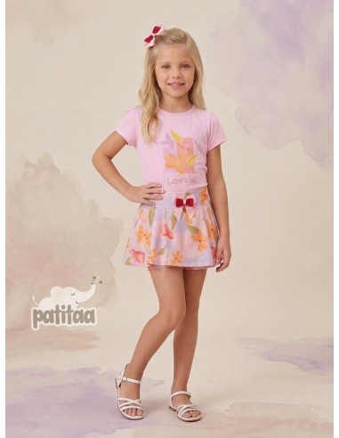 Conjunto Falda Pantalón Flores Rosa-Lila