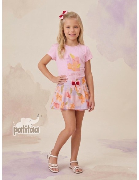 Conjunto Falda Pantalón Flores Rosa-Lila