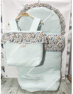 Pack Bolso y Saco Universal Waffle Verde Agua Combi Flores Otoñales-C