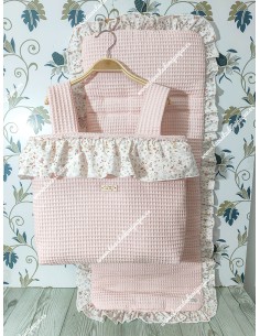 Bolso pocket volante Cremallera y Funda Universal volante entero  en Waffle Rosa y flores y hojas rosa