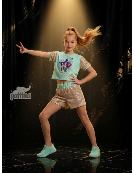 Conjunto Short Huntrix Verde Agua Gold
