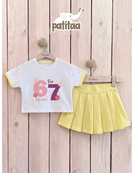 Conjunto Falda Pantalón Tablas Six Seven Blanco-Amarillo