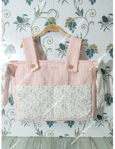 Bolso Pocket Cremallera Waffle Rosa Bolsillos y Lazos Flores Camel