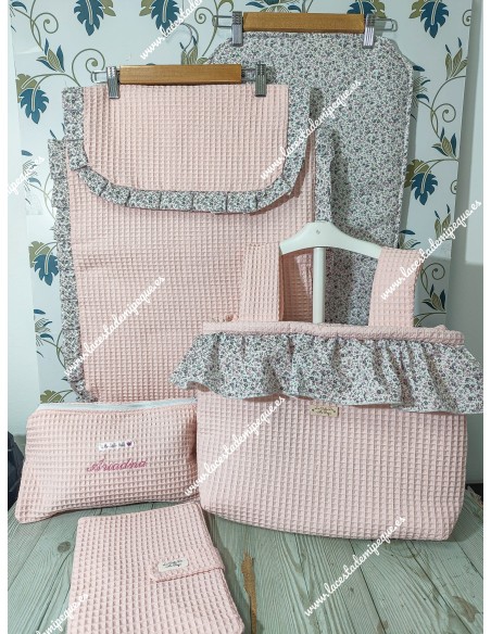 Bolso Pocket Cremallera Waffle Rosa Volante Flores Morado y gris
