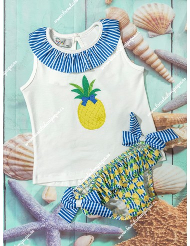 Conjunto Baño Niña Piña Rayas Azul