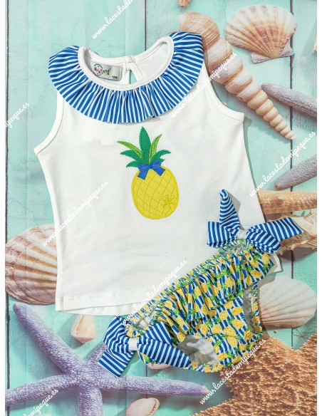 Conjunto Baño Niña Piña Rayas Azul