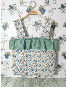 Bolso Pocket Cremallera Flores Otoñales Celeste Volante Waffle Verde Jade