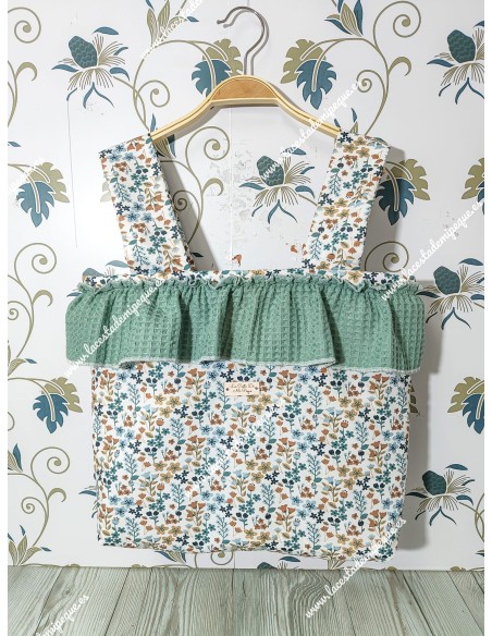 Bolso Pocket Cremallera Flores Otoñales Celeste Volante Waffle Verde Jade