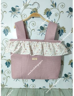 Bolso Pocket Cremallera Waffle maquillaje volante flores y hojas rosa