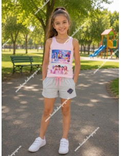Conjunto Short Huntrix Rosa-Gris Tirantes