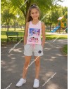 Conjunto Short Huntrix Rosa-Gris Tirantes