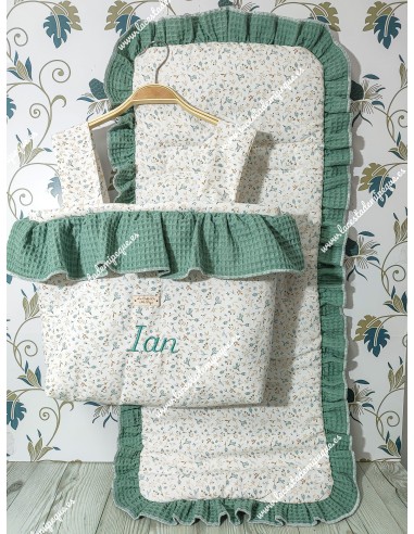 Bolso pocket volante Cremallera y Funda Universal volante entero Waffle Verde Jade y flores Camel
