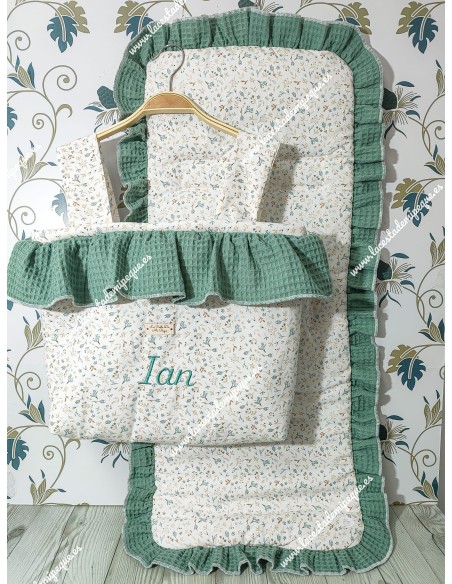 Bolso pocket volante Cremallera y Funda Universal volante entero Waffle Verde Jade y flores Camel