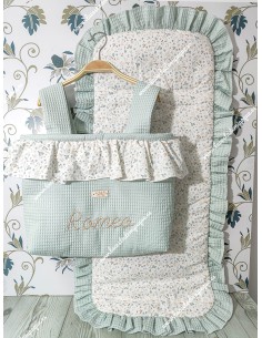 Bolso pocket cremallera waffle verde agua con volante flores y funda universal flores con volante alrededor Waffle verde agua 2