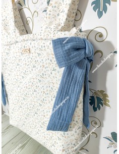 Bolso Panera Cremallera Flores Camel y Lazos laterales en bambula azul jeans 2