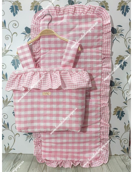 Bolso pocket volante cremallera  y Funda Universal volante alrededor Vichy Rosa cuadro Mediano Combi