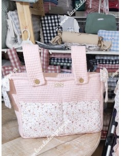 Bolso Pocket Cremallera Waffle Rosa Bolsillos y Lazos Flores y hojas rosa