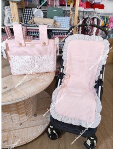 Bolso pocket bolsillos y lazos con cierre de Cremallera y Funda Universal volante entero  en Waffle Rosa y flores y hojas rosa