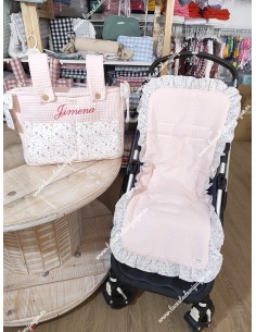 Bolso pocket bolsillos y lazos con cierre de Cremallera y Funda Universal volante entero  en Waffle Rosa y flores y hojas rosa 2
