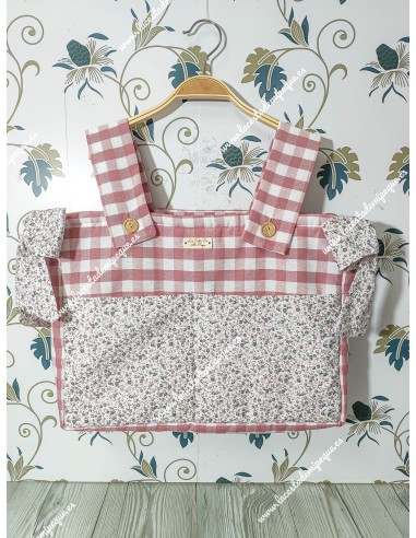 Bolso Pocket Cremallera vichy Maquillaje Bolsillos y Lazos Flores morado y gris