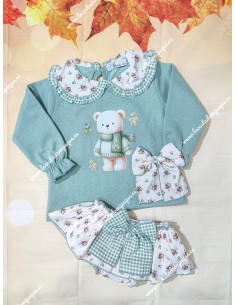 Conjunto Faldita y Sudadera Osito Bufanda Verde