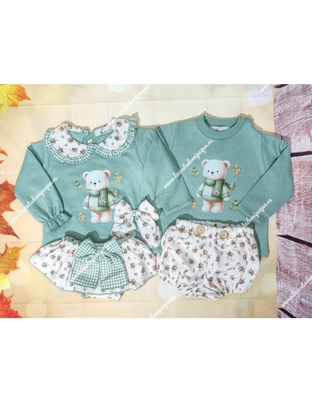 Conjunto Faldita y Sudadera Osito Bufanda Verde