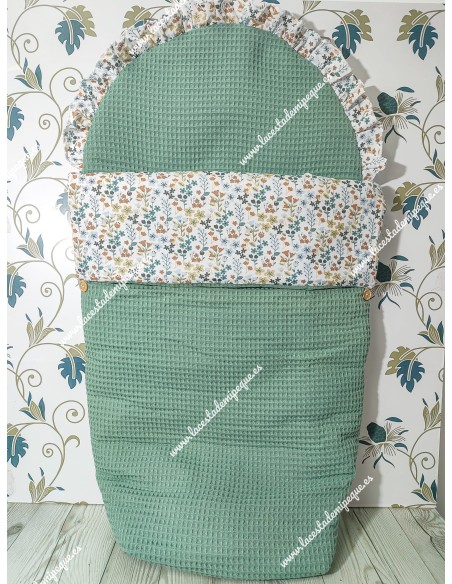 Saco Universal Waffle Verde Jade Combi Flores Otoñales Celeste