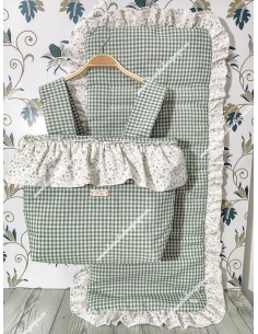 Bolso pocket volante Cremallera y Funda Universal volante alrededor en tejido Vichy verde Oliva Cuadros pequeños combinado con t
