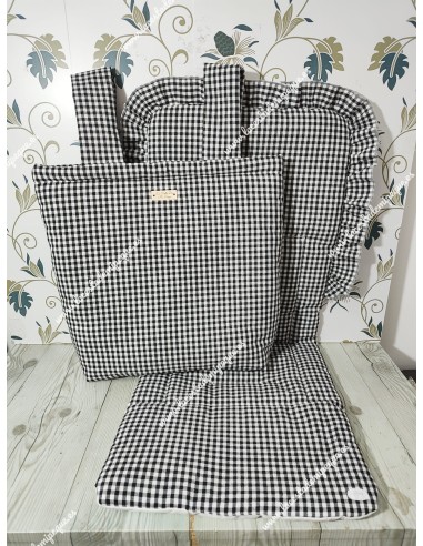 Bolso panera cremallera y Funda Universal medio volante Vichy negro cuadro pequeño