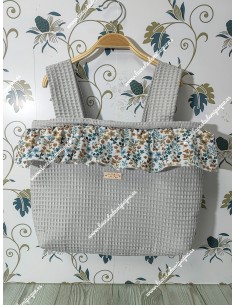 Bolso Pocket Cremallera con tejido de Waffle gris y Volante con tejido de flores otoñales celeste