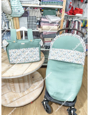 Saco Universal Waffle Verde Jade Combi Flores Otoñales Celeste