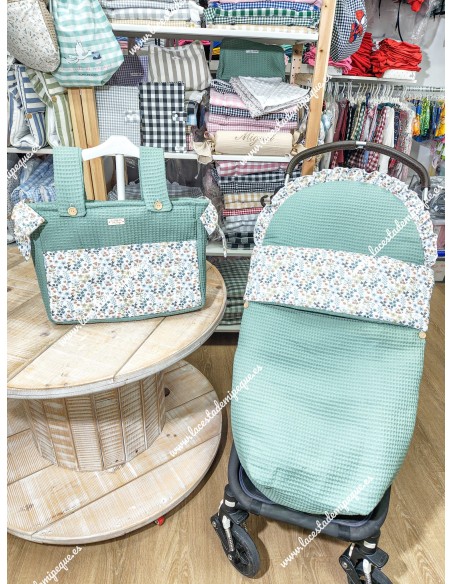 Saco Universal Waffle Verde Jade Combi Flores Otoñales Celeste
