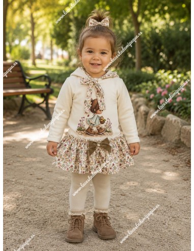 Conjunto Faldita y Sudadera Muñeca Flores Beige