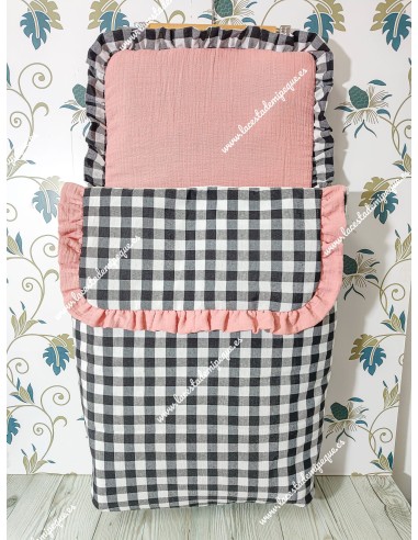 Saco Capazo Desmontable combinado con tejidos Vichy negro Cuadro Mediano y bambula rosa empolvado