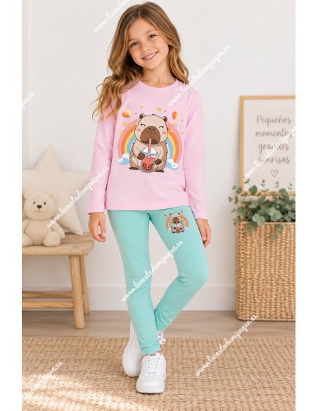 Conjunto Leggings capibara Rosa-verde agua