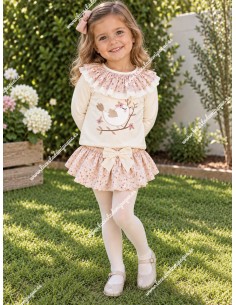 Conjunto Faldita y Sudadera Pajarito Beige