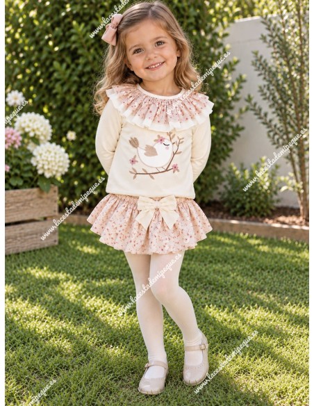 Conjunto Faldita y Sudadera Pajarito Beige