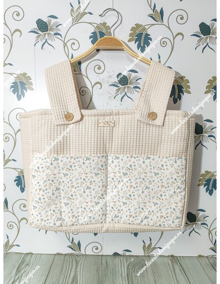 Bolso Pocket Cremallera Waffle Beige Bolsillos Flores Camel
