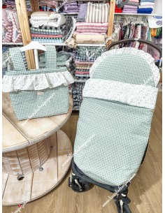 Pack Bolso pocket cremallera volante y Saco silla Universal Vichy Verde Oliva Cuadros-M Combinado con tejido de flores