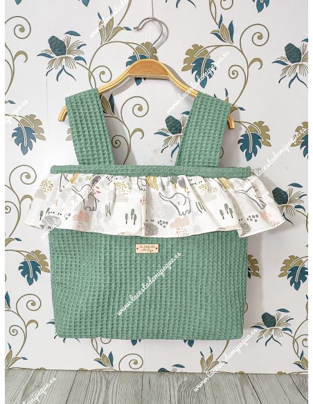 Bolso pocket volante Cremallera y Funda Universal volante entero Waffle Verde Jade y elefantes gris mixto