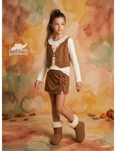 Conjunto 3 Piezas Camiseta, Chaleco y Falda Pantalón Camel