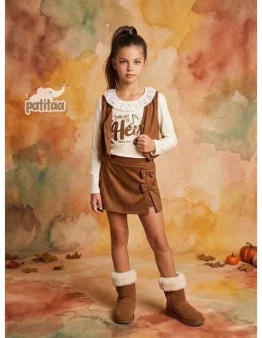 Conjunto 3 Piezas Camiseta, Chaleco y Falda Pantalón Camel