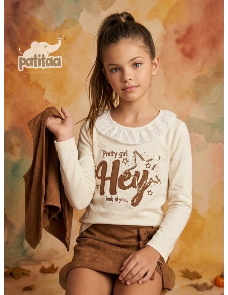 Conjunto 3 Piezas Camiseta, Chaleco y Falda Pantalón Camel