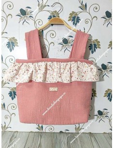 Bolso Pocket Cremallera Bambula Rosa Empolvado Volante Flores y hojas rosa  Rosa