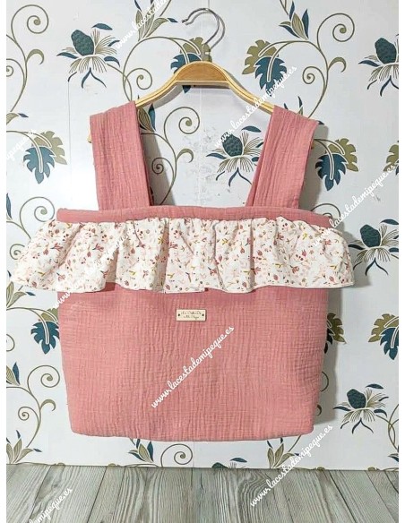 Bolso Pocket Cremallera Bambula Rosa Empolvado Volante Flores y hojas rosa  Rosa