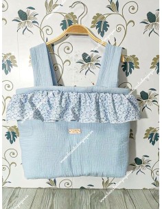 Bolso Pocket cremallera bambula celeste cuadro pequeño y volante con flores Liberty en tonos azules