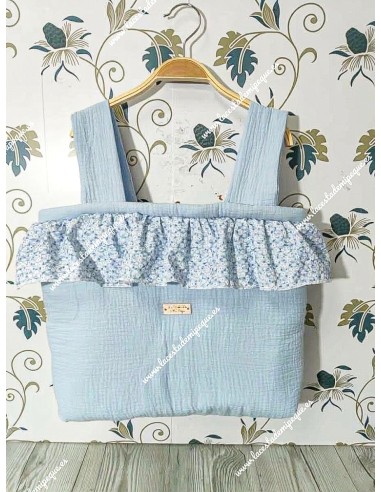 Bolso Pocket cremallera bambula celeste cuadro pequeño y volante con flores Liberty en tonos azules
